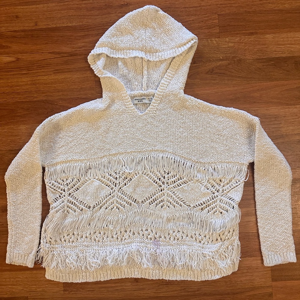 Abercrombie Kids Boho Knit Hoodie Sweater Fringe Cream Size 11/12